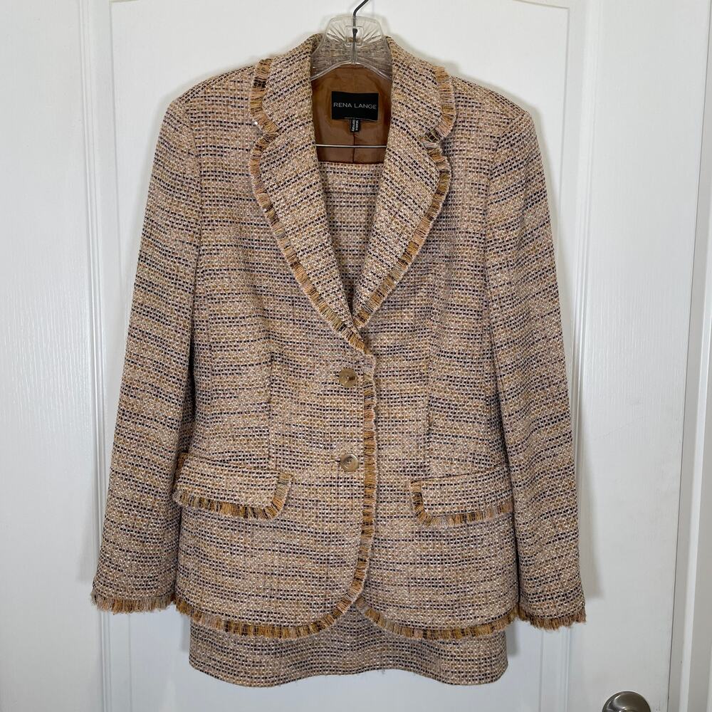 Rena‎ Lange Tweed Skirt Suit Fringe Sequin Wool Cotton Beige Black White 10